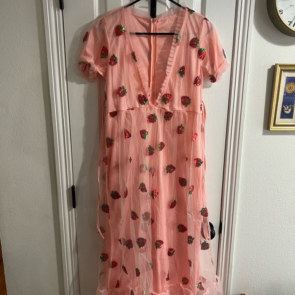 Stylish Pink Dress with Red Floral Accents